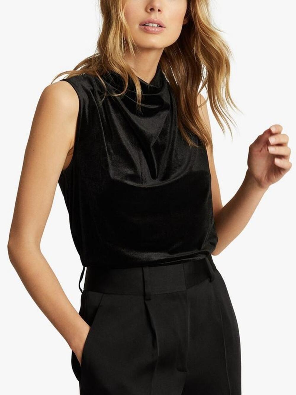 Reiss Lola Velvet Sleeveless Cowl Neck Top Black Size XL
